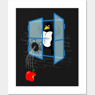 Brawny Linux Penguin Throws an Apple Thru the Window Posters and Art